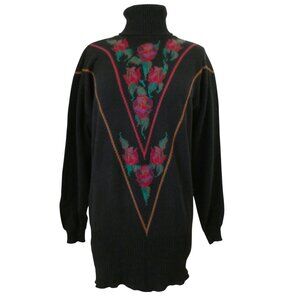 vtg BERK Floral Intarsia Cashmere turtleneck tunic sweater sz 40 L Scotland